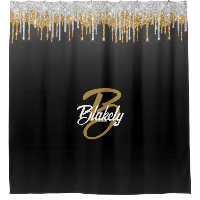 Elegant Stylish Black & Gold Glitter Monogrammed Shower Curtain (Front)