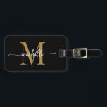 Elegant Stylish Black Gold Monogram Initial Script Luggage Tag<br><div class="desc">Girly Stylish Modern Elegant Black and Gold Monogram Initial Name Script Custom Personalised Personalised Luggage Bag Tag. This design featuring a first name in a pretty hand lettered swash tail font calligraphy (or typography) with monogram initial, address info in gold and white on black. These are easy to customise it....</div>