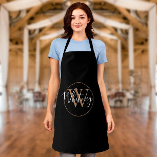 Elegant Stylish Black Gold Monogram Script Name Apron