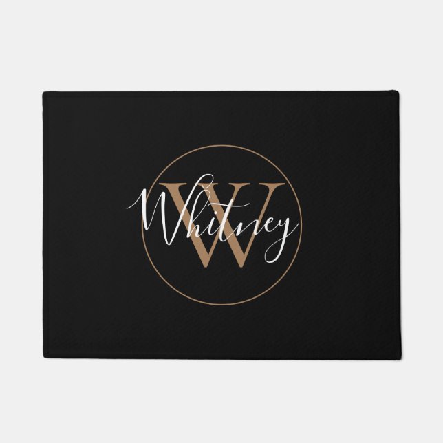 Elegant Stylish Black Gold Monogram Script Name  Doormat (Front)