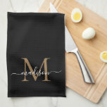 Elegant Stylish Black Gold Monogram Script Name Tea Towel<br><div class="desc">Modern Stylish Elegant Black Gold Monogram Script Name Kitchen Towel</div>