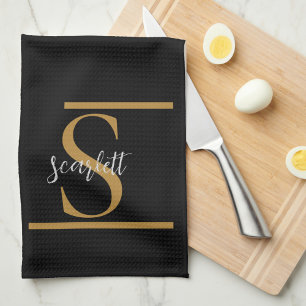 Elegant Stylish Black Gold Monogram Script Name Tea Towel