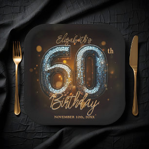 Elegant Stylish Black Gold Mosaic 60th Birthday Paper Plate