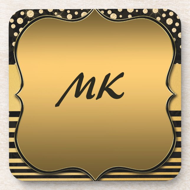 Elegant & Stylish Black & Gold Pattern Monogrammed Coaster (Front)
