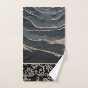 Elegant Stylish Black Gold Swirls Marble Bath Towel Set