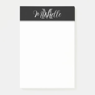 Elegant Stylish Black Grey Monogram Script Name Post-it Notes