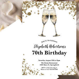 Elegant Stylish Black White Gold 70th Birthday  Invitation
