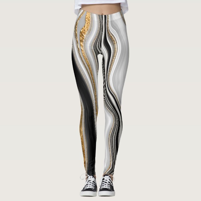 Elegant Stylish Black White Marble Leggings (Front)