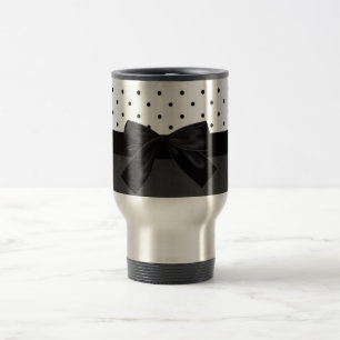 Elegant Stylish Black,White Polka Dots-Black Bow Travel Mug