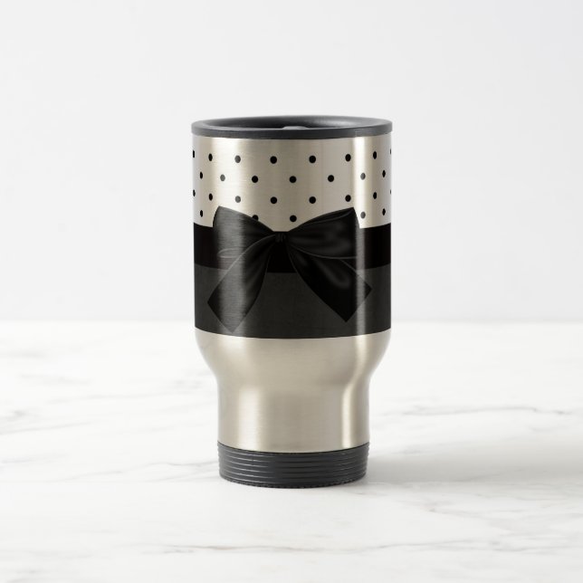 Elegant Stylish Black,White Polka Dots-Black Bow Travel Mug (Center)