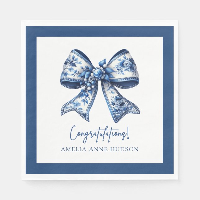 Elegant Stylish Blue Floral Bow Congratulations Napkin (Front)