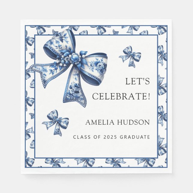 Elegant Stylish  Blue Floral Bows Class Of 2025 Napkin (Front)