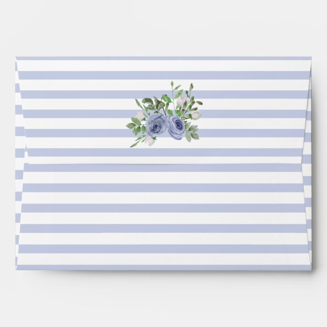 Elegant Stylish Blue Floral Watercolor Stripes Envelope (Back (Top Flap))