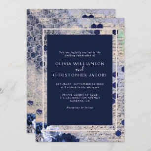 Elegant Stylish Blue Honeycomb Floral Wedding Invitation