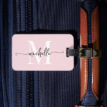 Elegant Stylish Blush Pink Monogram Initial Script Luggage Tag<br><div class="desc">Girly Stylish Modern Elegant Blush Pink Monogram Initial Name Script Custom Personalised Personalised Luggage Bag Tag. This design featuring a first name in a pretty hand lettered swash tail font calligraphy (or typography) with monogram initial, address info in white and black on blush pink colour background. These are easy to...</div>