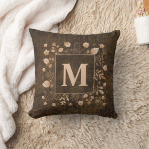 Elegant Stylish Brown Gold Leaves Monogram Cushion
