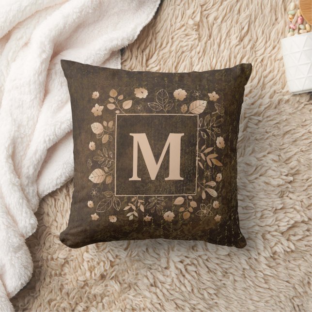 Elegant Stylish Brown Gold Leaves Monogram Cushion (Blanket)