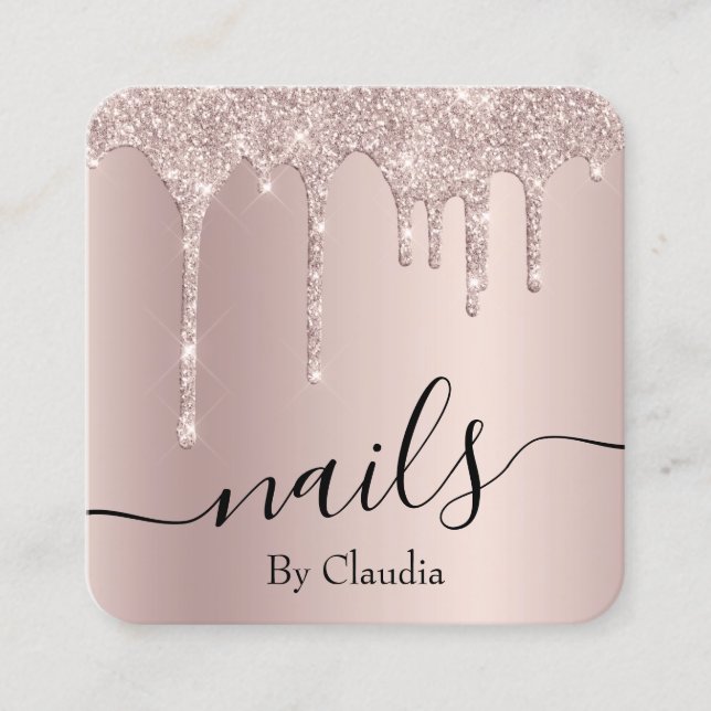 Elegant stylish champagne glitter drips nails square business card (Front)