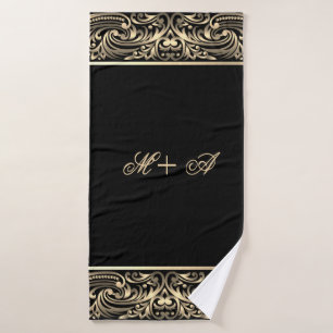 Elegant Stylish Chic Black Gold Swirls Monogram Bath Towel Set
