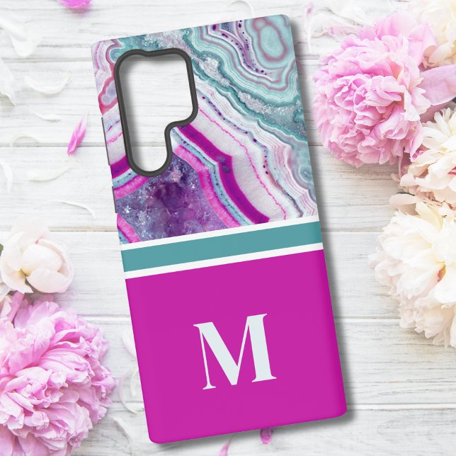 Elegant Stylish Chic Monogram Initial  Samsung Galaxy S22 Ultra Case (Chic Teal Magenta Fuchsia Stone Monogram Initial Samsung Galaxy S22 Ultra Case)
