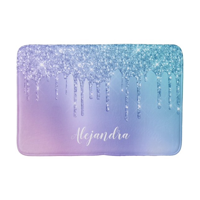 Elegant stylish chick blue & purple glitter drips bath mat (Front)