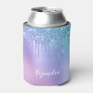Elegant stylish chick blue & purple glitter drips can cooler
