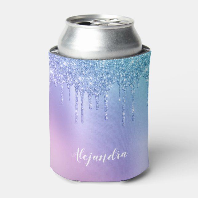 Elegant stylish chick blue & purple glitter drips can cooler (Can Front)