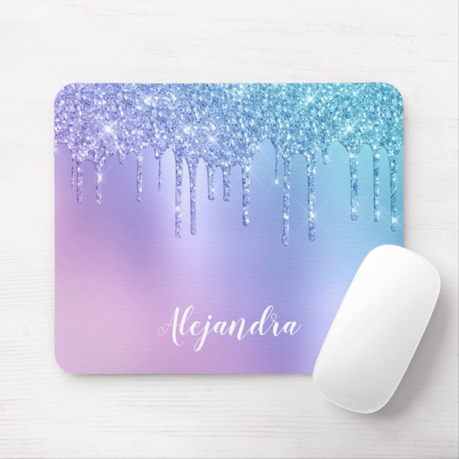 Elegant stylish chick blue & purple glitter drips mouse mat (With Mouse)