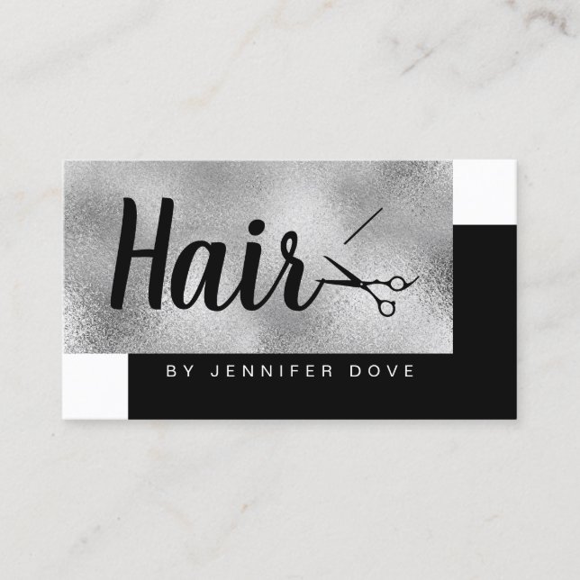 Elegant stylish chick silver scissors hairstylist business card (Front)
