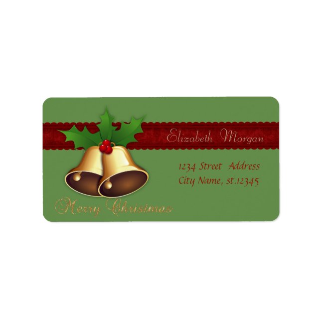 Elegant Stylish Christmas Bells Holly Branches Label (Front)