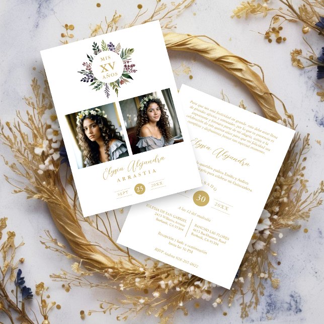 Elegant Stylish CIrcular Shape Mis XV años Floral  Invitation (Spanish Elegant Modern Stylish Shape Mis XV años Floral Anagram 2 Photos Collage Invitation Card.)