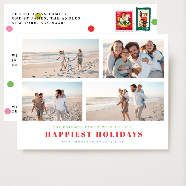 Elegant STYLISH Colorful 4 Photo Collage HAPPIEST Holiday Postcard (Creator Uploaded)