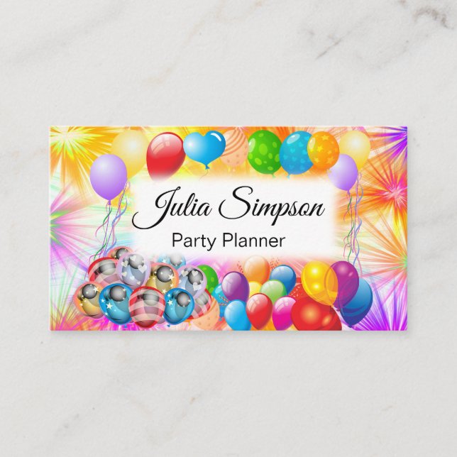 Elegant, Stylish, Colorful Balloons, Fireworks Business Card (Front)