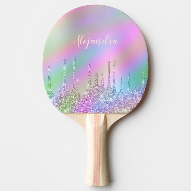 Elegant stylish colorful holographic glitter drips ping pong paddle (Front)