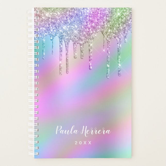 Elegant stylish colourful holographic glitter drip planner (Front)