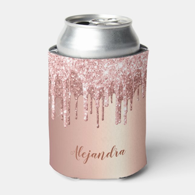 Elegant stylish copper rose gold glitter drips can cooler (Can Front)