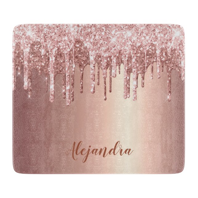 Elegant stylish copper rose gold glitter drips cutting board (Front)