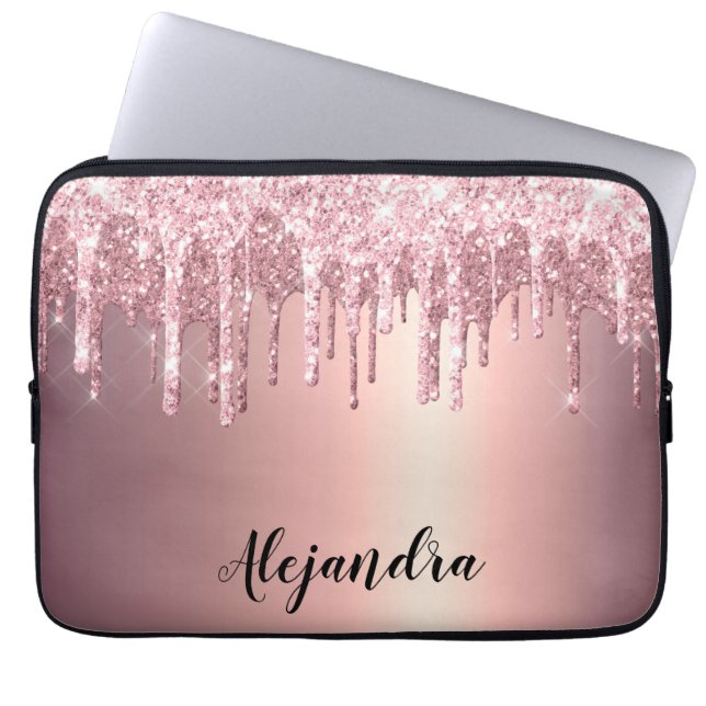 Elegant stylish copper rose gold glitter drips laptop sleeve (Front)