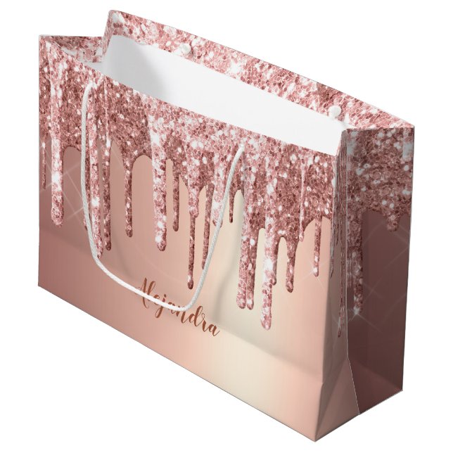Elegant stylish copper rose gold glitter drips large gift bag (Front Angled)