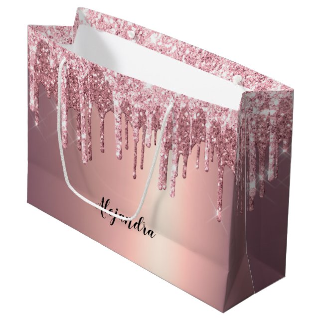 Elegant stylish copper rose gold glitter drips large gift bag (Front Angled)