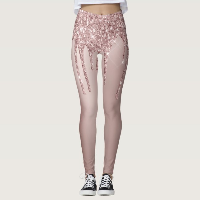 Elegant stylish copper rose gold glitter drips leggings (Front)