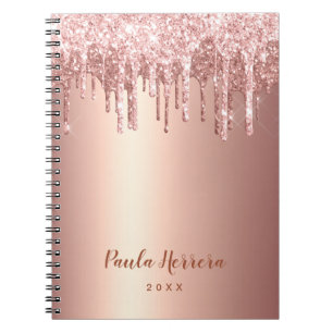 Elegant stylish copper rose gold glitter drips notebook
