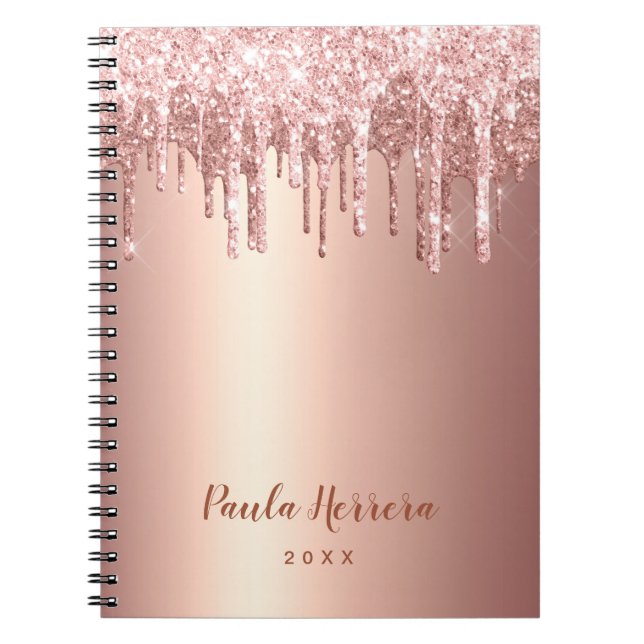 Elegant stylish copper rose gold glitter drips notebook (Front)