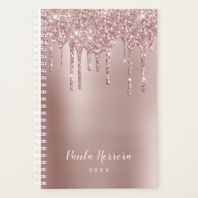 Elegant stylish copper rose gold glitter drips planner (Front)