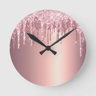 Elegant stylish copper rose gold glitter drips round clock