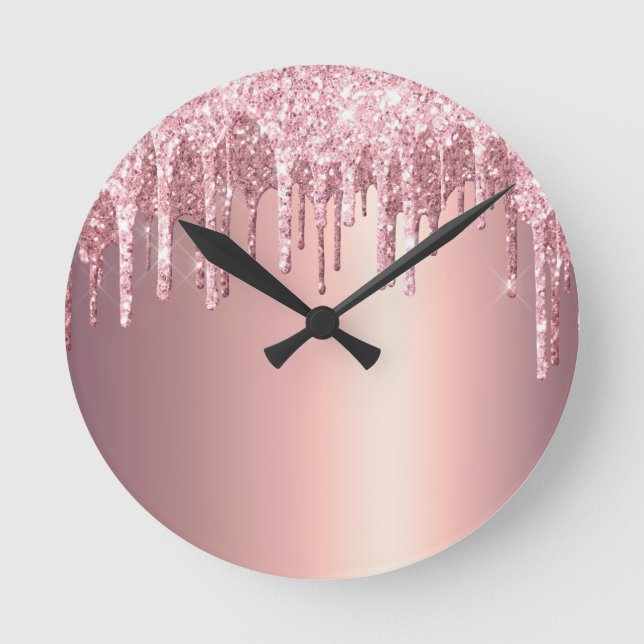 Elegant stylish copper rose gold glitter drips round clock (Front)