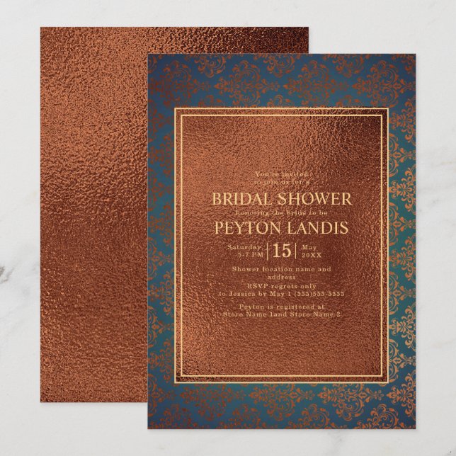 Elegant Stylish Copper Teal Damask Bridal Shower Invitation (Front/Back)