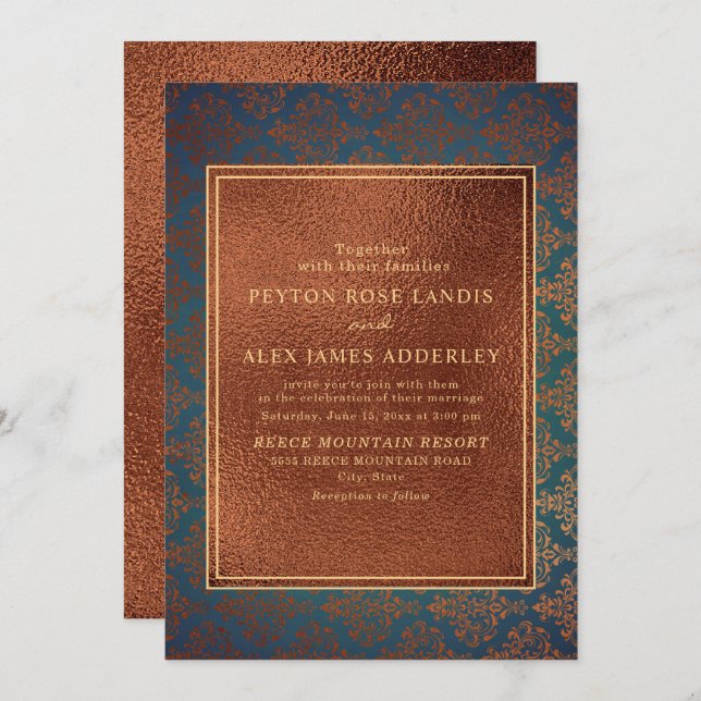 Elegant Stylish Copper Teal Damask Wedding Invite (Front/Back)