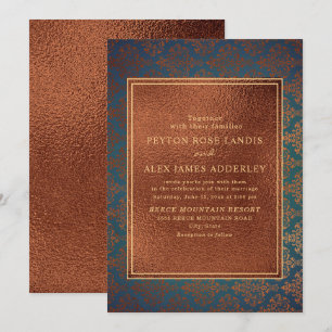 Elegant Stylish Copper Teal Damask Wedding Invite