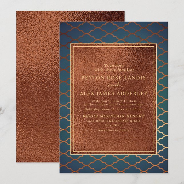 Elegant Stylish Copper Teal Gold Wedding Invite (Front/Back)